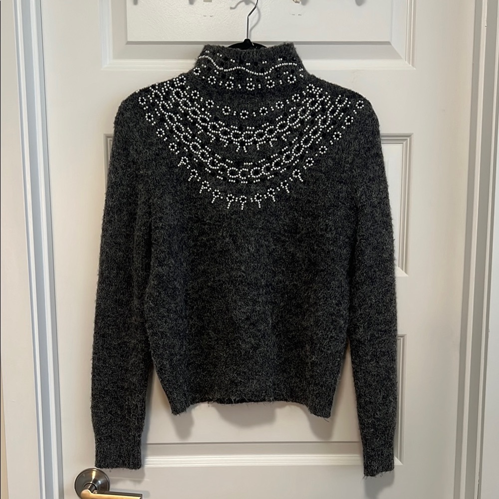 Dark Grey Beaded Turtleneck Sweater